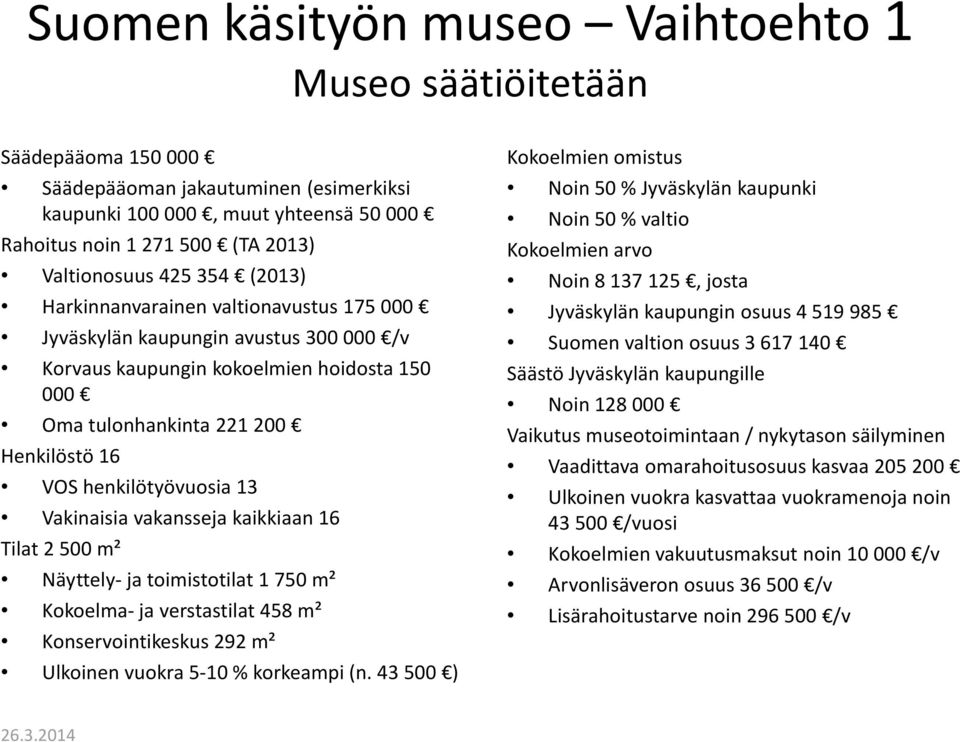 henkilötyövuosia 13 Vakinaisia vakansseja kaikkiaan 16 Tilat 2 500 m² Näyttely- ja toimistotilat 1 750 m² Kokoelma- ja verstastilat 458 m² Konservointikeskus 292 m² Ulkoinen vuokra 5-10 % korkeampi