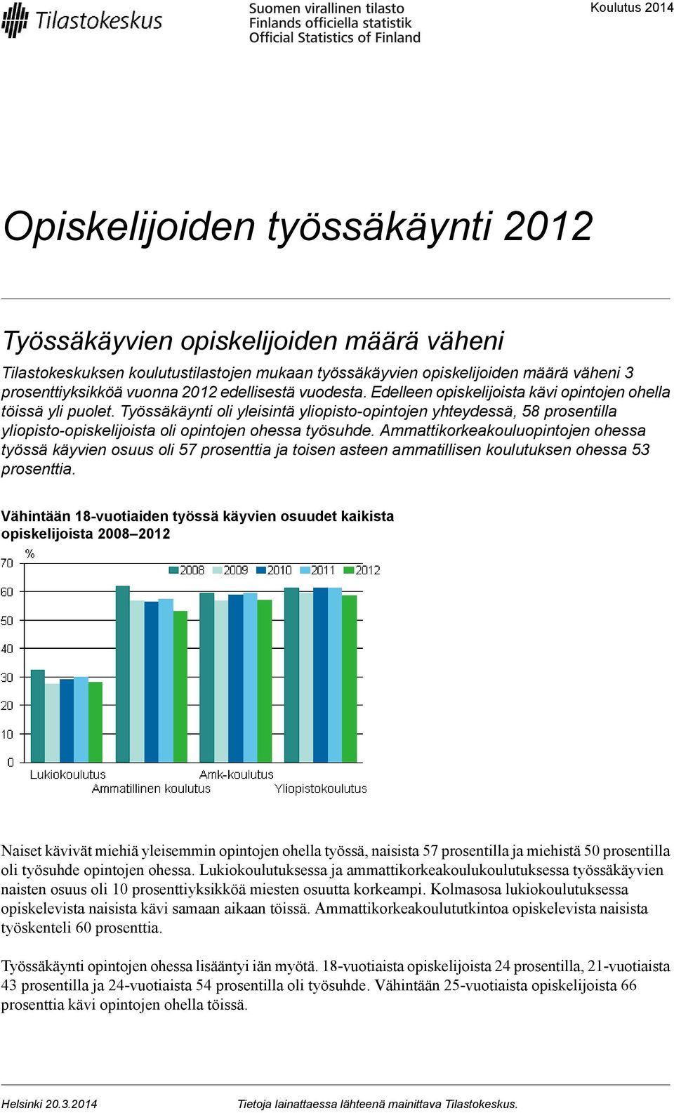 Työssäkäynti oli yleisintä yliopistoopintojen yhteydessä, 58 prosentilla yliopistoopiskelijoista oli opintojen ohessa työsuhde.