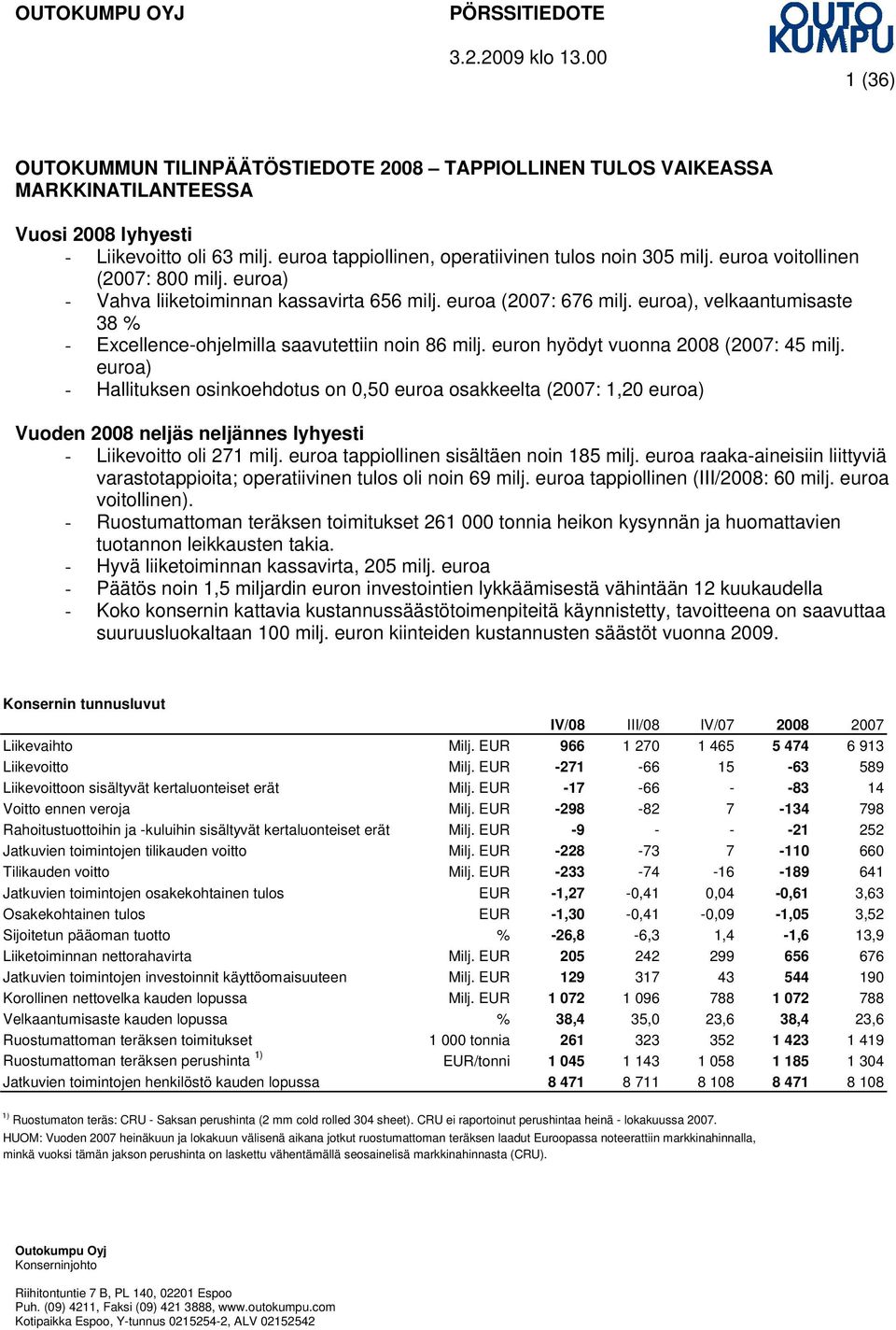 euroa), velkaantumisaste 38 % - Excellence-ohjelmilla saavutettiin noin 86 milj. euron hyödyt vuonna 2008 (2007: 45 milj.