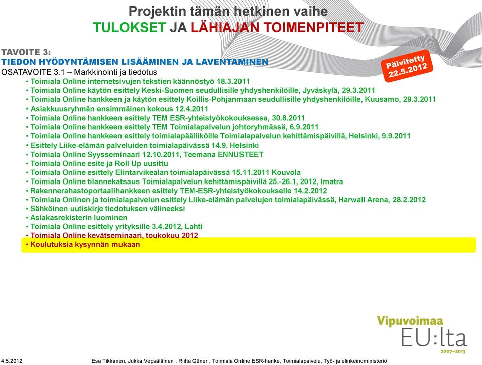 3.2011 Asiakkuusryhmän ensimmäinen kokous 12.4.2011 Toimiala Online hankkeen esittely TEM ESR-yhteistyökokouksessa, 30.8.2011 Toimiala Online hankkeen esittely TEM Toimialapalvelun johtoryhmässä, 6.9.