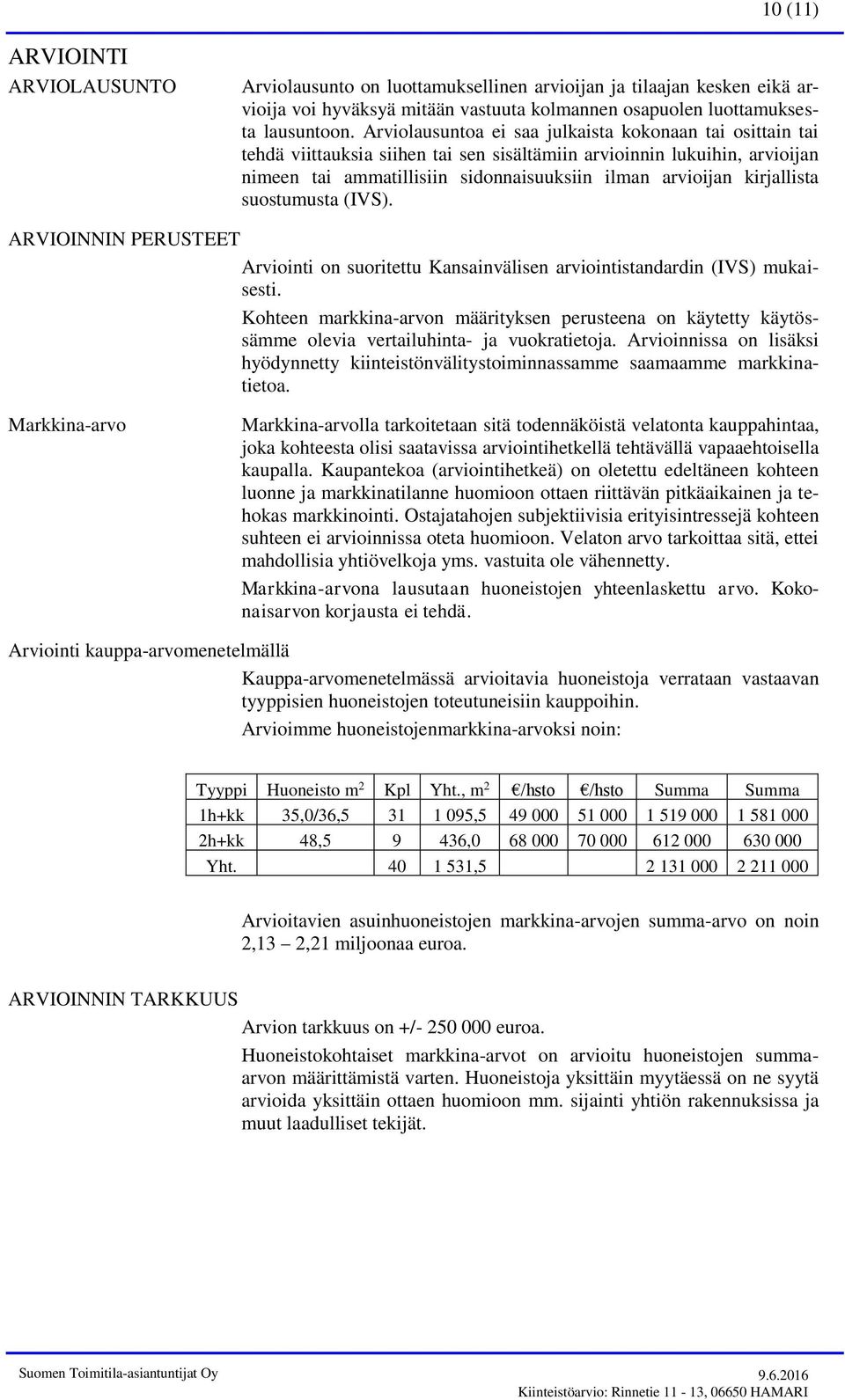 kirjallista suostumusta (IVS). ARVIOINNIN PERUSTEET Arviointi on suoritettu Kansainvälisen arviointistandardin (IVS) mukaisesti.