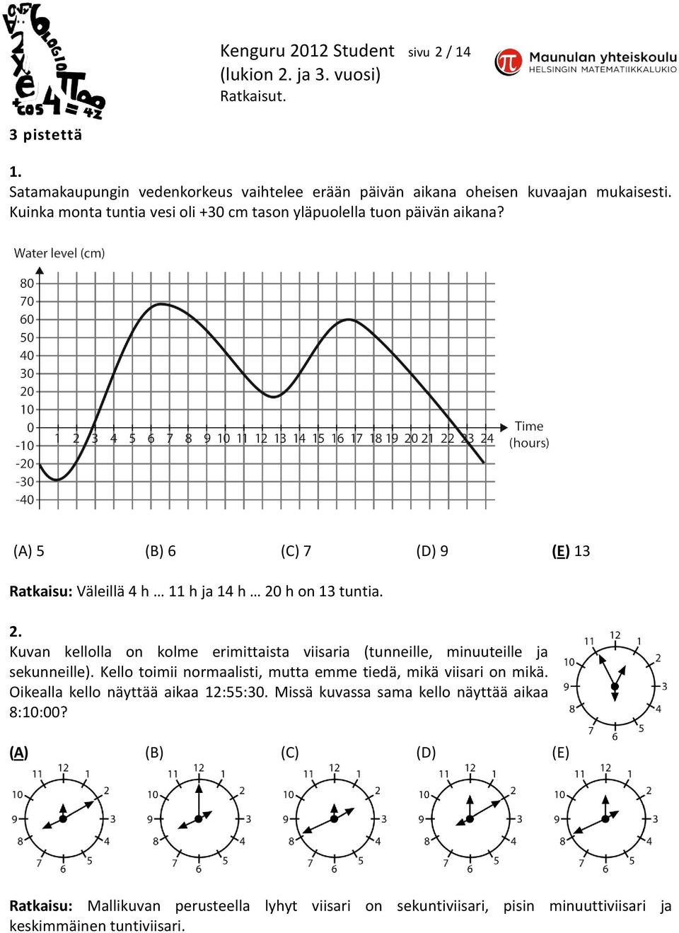 h on 13 tuntia. 2. Kuvan kellolla on kolme erimittaista viisaria (tunneille, minuuteille ja sekunneille).