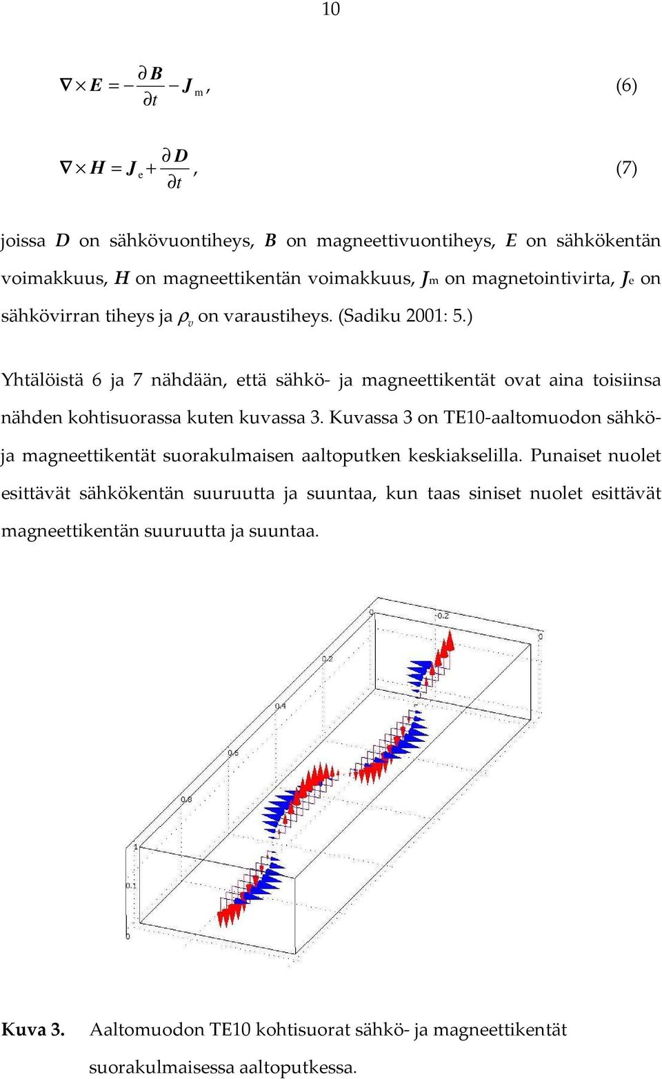 ) Yhtälöistä 6 ja 7 nähdään, että sähkö- ja magneettikentät ovat aina toisiinsa nähden kohtisuorassa kuten kuvassa 3.