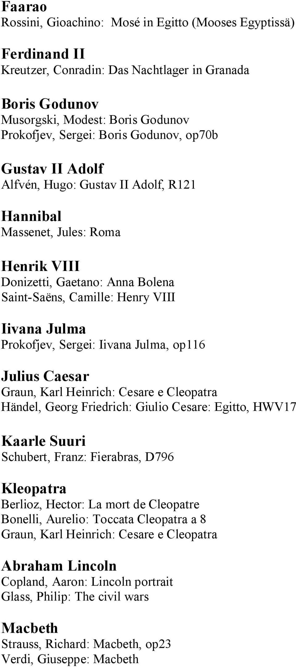 Sergei: Iivana Julma, op116 Julius Caesar Graun, Karl Heinrich: Cesare e Cleopatra Händel, Georg Friedrich: Giulio Cesare: Egitto, HWV17 Kaarle Suuri Schubert, Franz: Fierabras, D796 Kleopatra