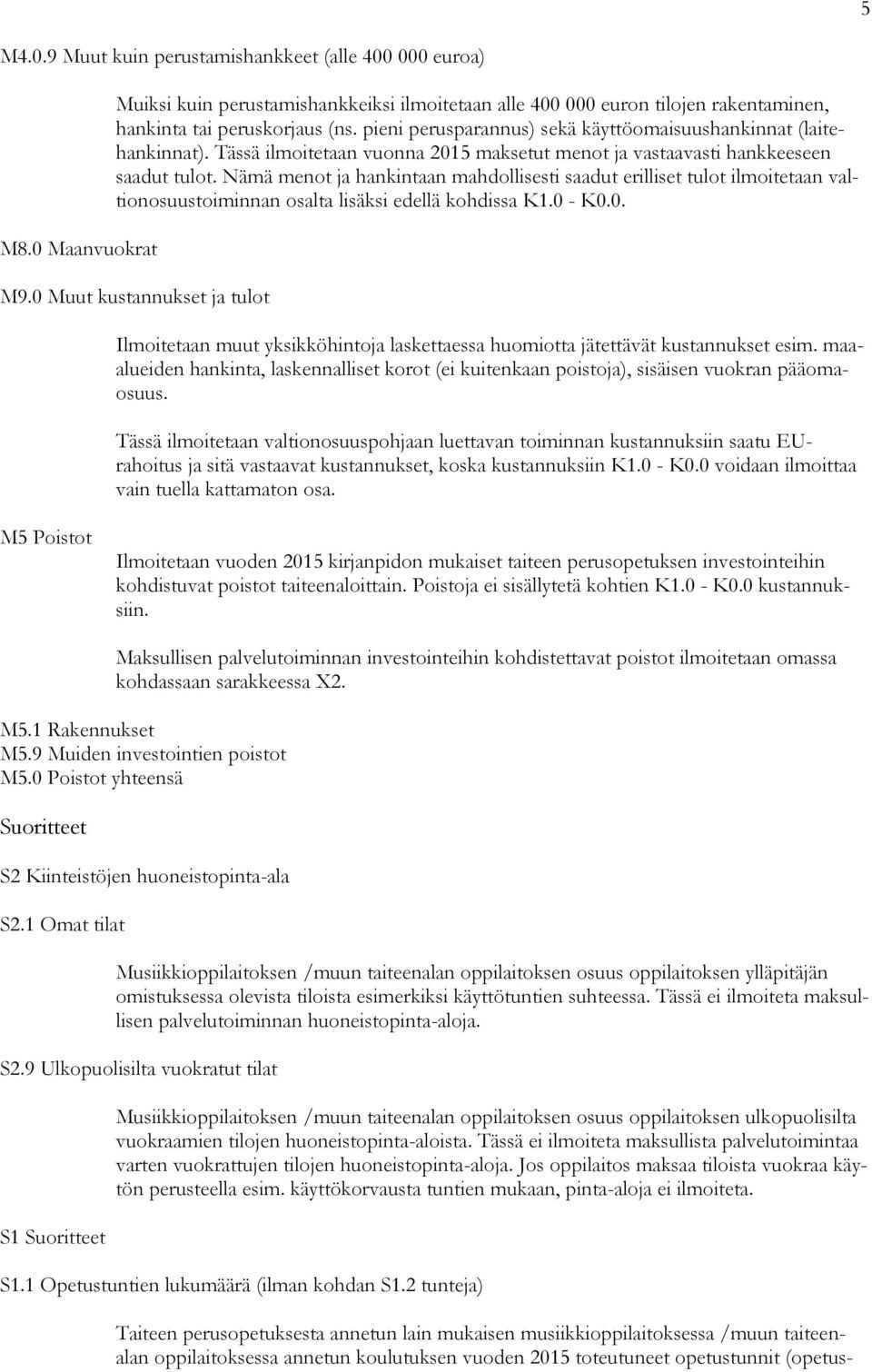 Nämä menot ja hankintaan mahdollisesti saadut erilliset tulot ilmoitetaan valtionosuustoiminnan osalta lisäksi edellä kohdissa K1.0 - K0.0. M9.