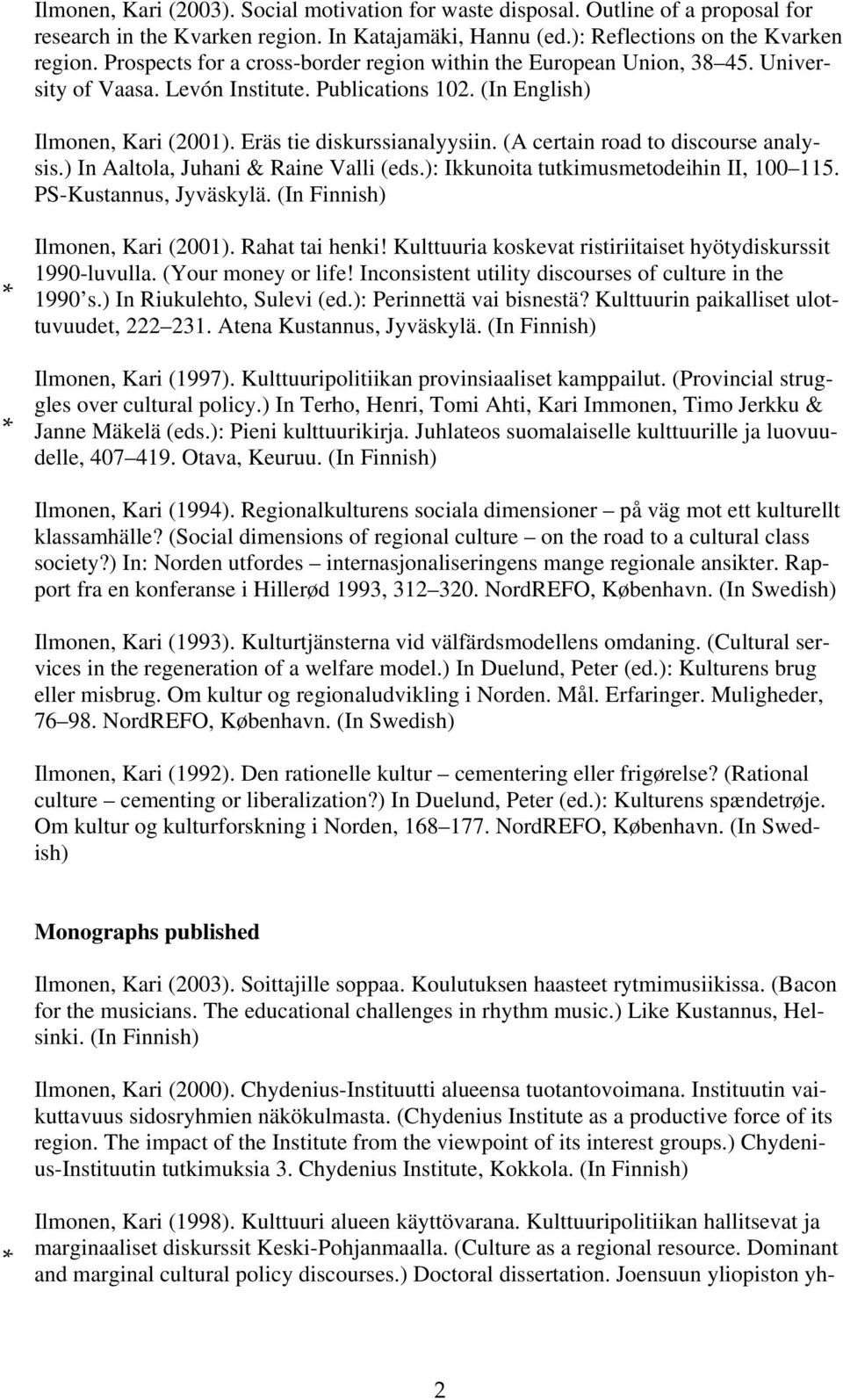 (A certain road to discourse analysis.) In Aaltola, Juhani & Raine Valli (eds.): Ikkunoita tutkimusmetodeihin II, 100 115. PS-Kustannus, Jyväskylä. Ilmonen, Kari (2001). Rahat tai henki!