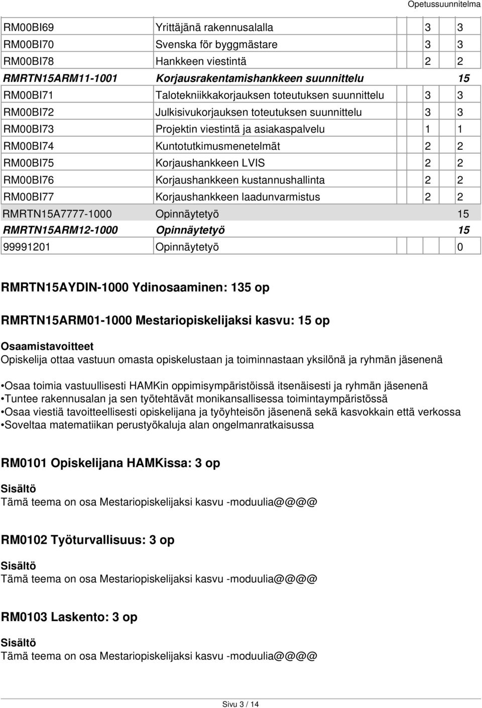 LVIS 2 2 RM00BI76 Korjaushankkeen kustannushallinta 2 2 RM00BI77 Korjaushankkeen laadunvarmistus 2 2 RMRTN15A7777-1000 Opinnäytetyö 15 RMRTN15ARM12-1000 Opinnäytetyö 15 99991201 Opinnäytetyö 0