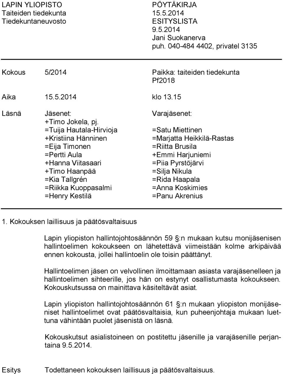 =Tuija Hautala-Hirvioja =Satu Miettinen +Kristiina Hänninen =Marjatta Heikkilä-Rastas =Eija Timonen =Riitta Brusila =Pertti Aula +Emmi Harjuniemi +Hanna Viitasaari =Piia Pyrstöjärvi +Timo Haanpää