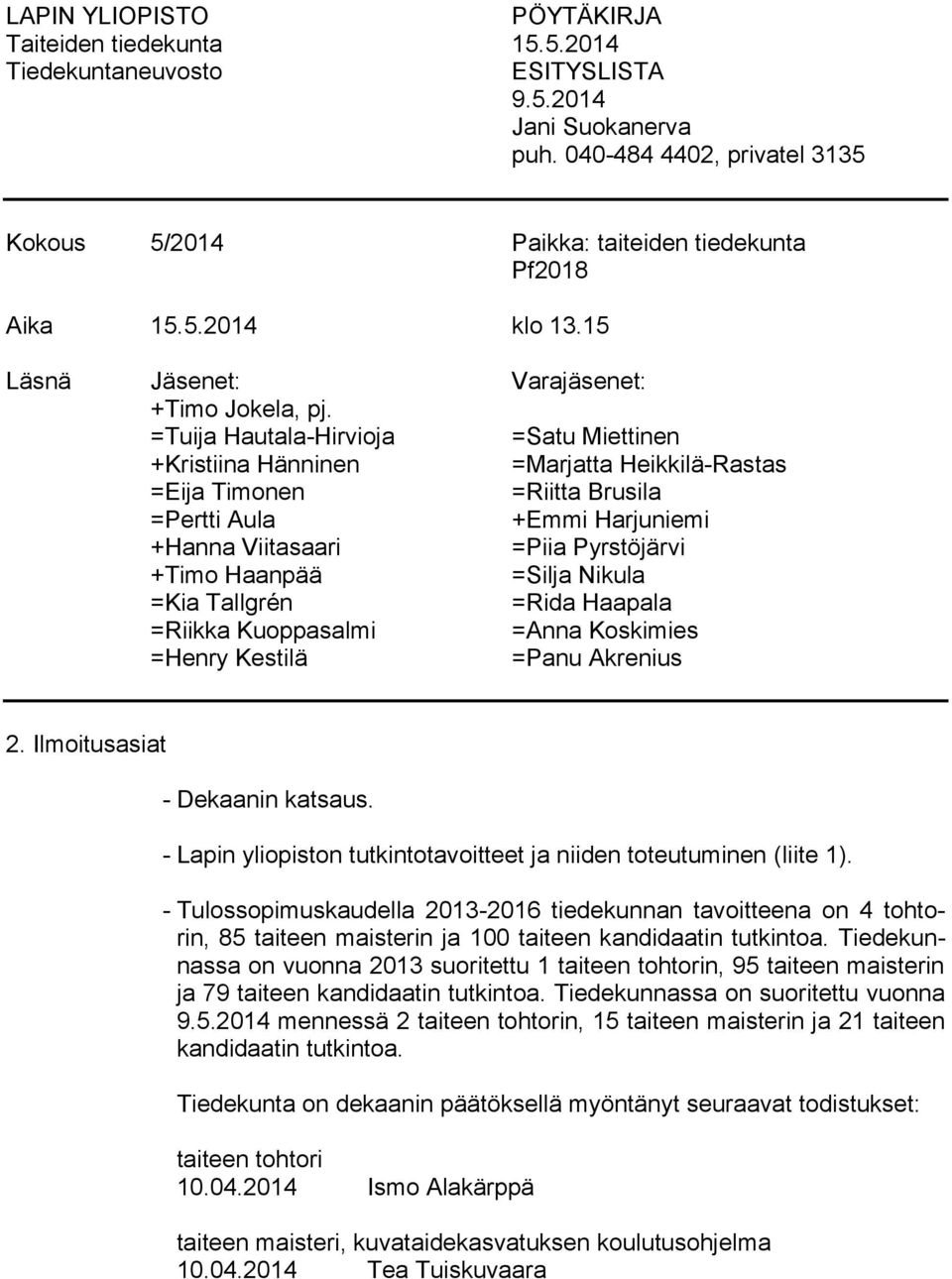 =Tuija Hautala-Hirvioja =Satu Miettinen +Kristiina Hänninen =Marjatta Heikkilä-Rastas =Eija Timonen =Riitta Brusila =Pertti Aula +Emmi Harjuniemi +Hanna Viitasaari =Piia Pyrstöjärvi +Timo Haanpää