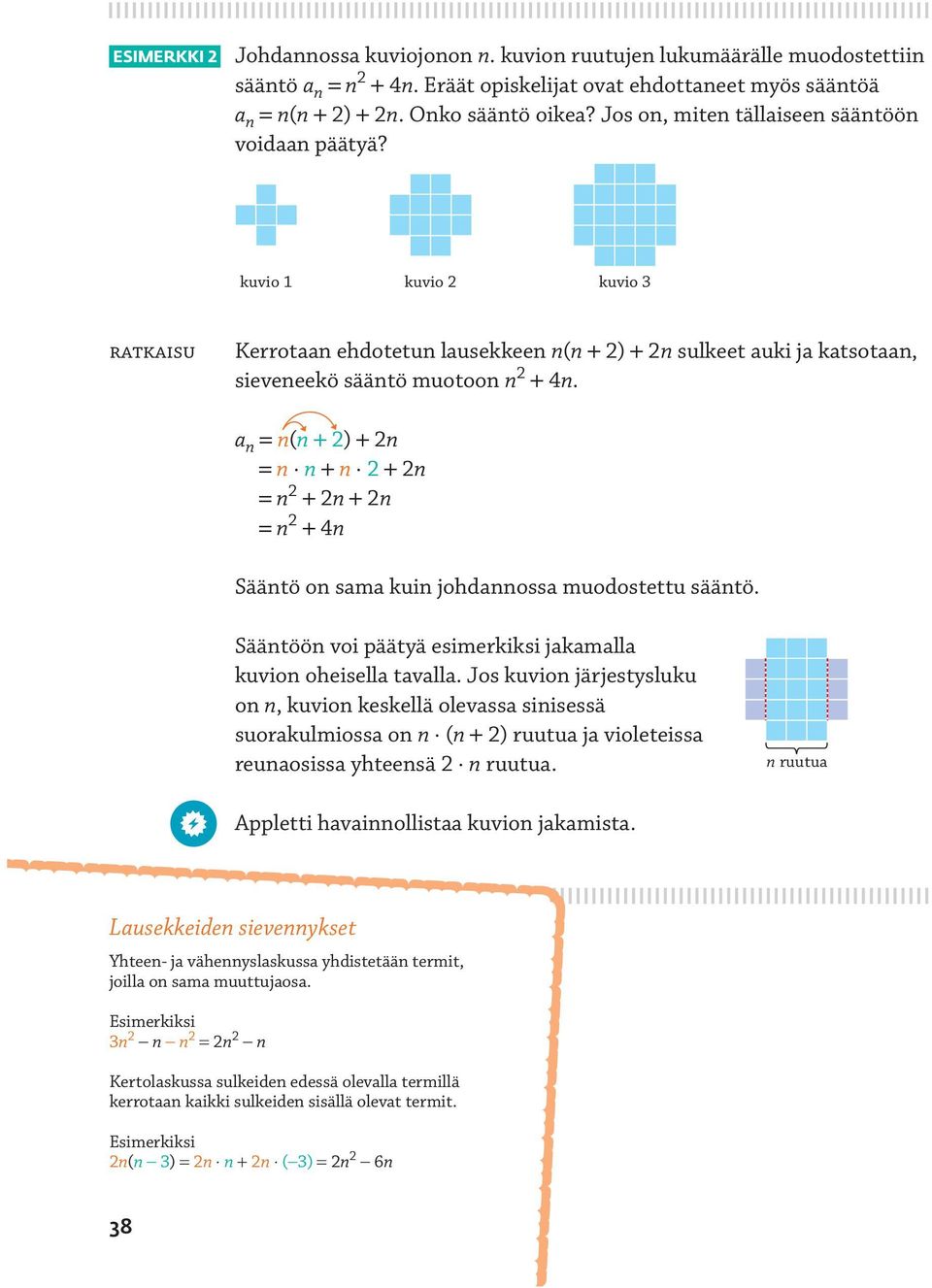 a n = n(n + ) + n = n n + n + n = n + n + n = n + n Sääntö on sama kuin johdannossa muodostettu sääntö. Sääntöön voi päätyä esimerkiksi jakamalla kuvion oheisella tavalla.