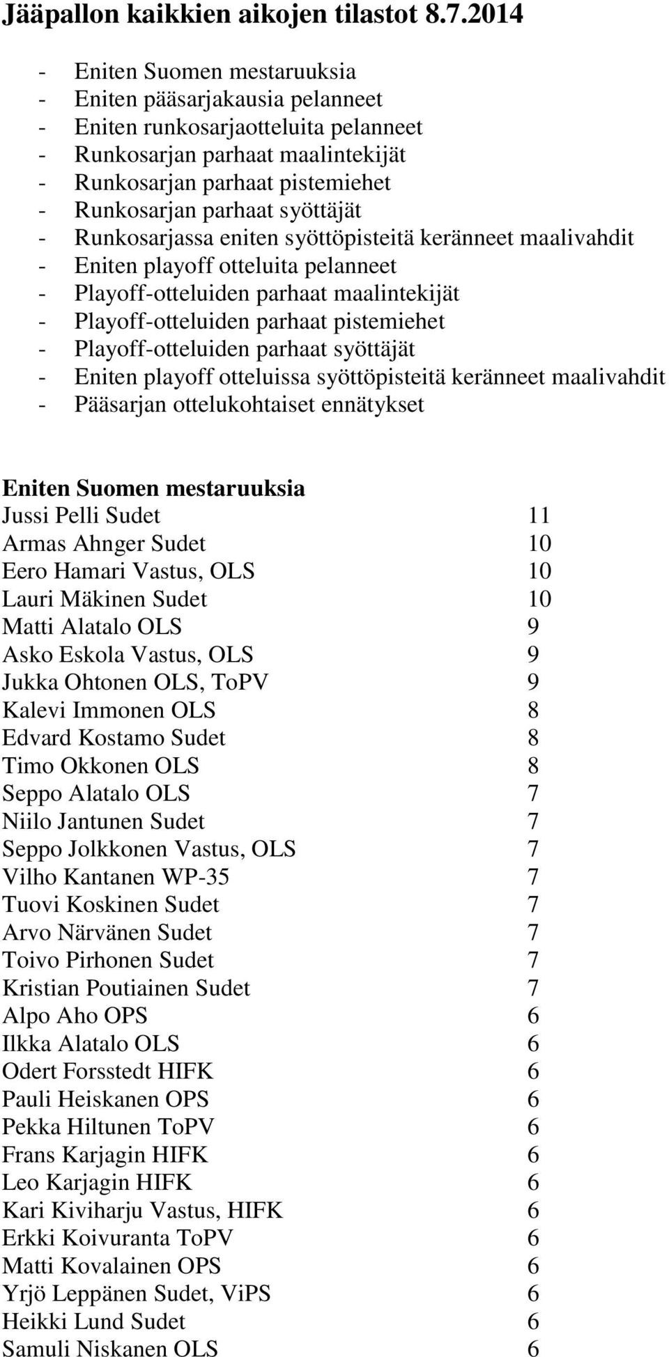 syöttäjät - Runkosarjassa eniten syöttöpisteitä keränneet maalivahdit - Eniten playoff otteluita pelanneet - Playoff-otteluiden parhaat maalintekijät - Playoff-otteluiden parhaat pistemiehet -