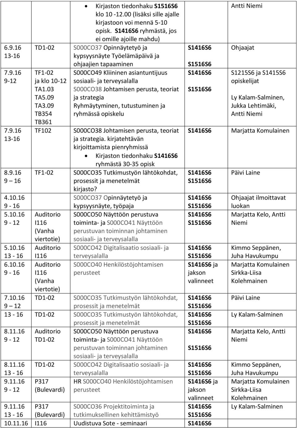 ryhmästä, jos ei omille ajoille mahdu) S000CO37 Opinnäytetyö Työelämäpäivä ohajien tapaaminen S000CO49 Kliininen asiantuntijuus strategia Ryhmäytyminen, tutustuminen ryhmässä opiskelu strategia.