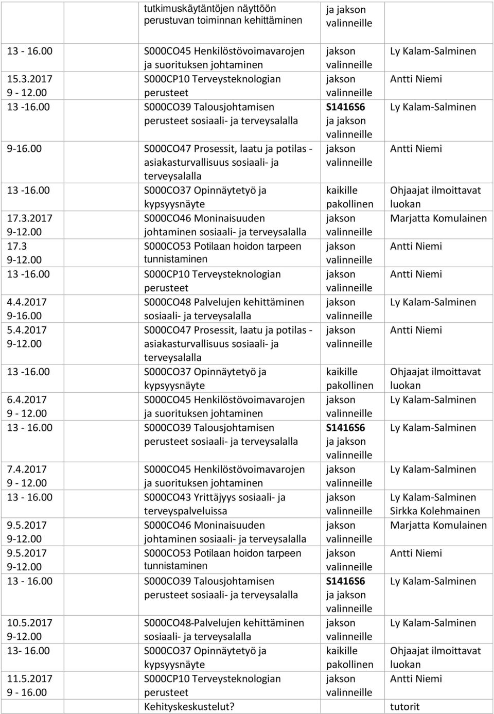 3 S000CO53 Potilaan hoidon tarpeen tunnistaminen 13-16.00 S000CP10 Terveysteknologian 4.4.2017 S000CO48 Palvelujen kehittäminen 5.4.2017 S000CO47 Prosessit, laatu potilas - asiakasturvallisuus sosiaali- 13-16.