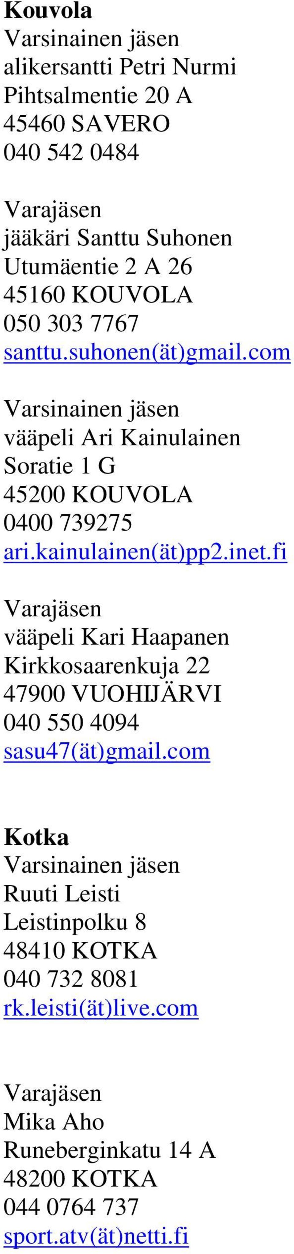 kainulainen(ät)pp2.inet.fi vääpeli Kari Haapanen Kirkkosaarenkuja 22 47900 VUOHIJÄRVI 040 550 4094 sasu47(ät)gmail.
