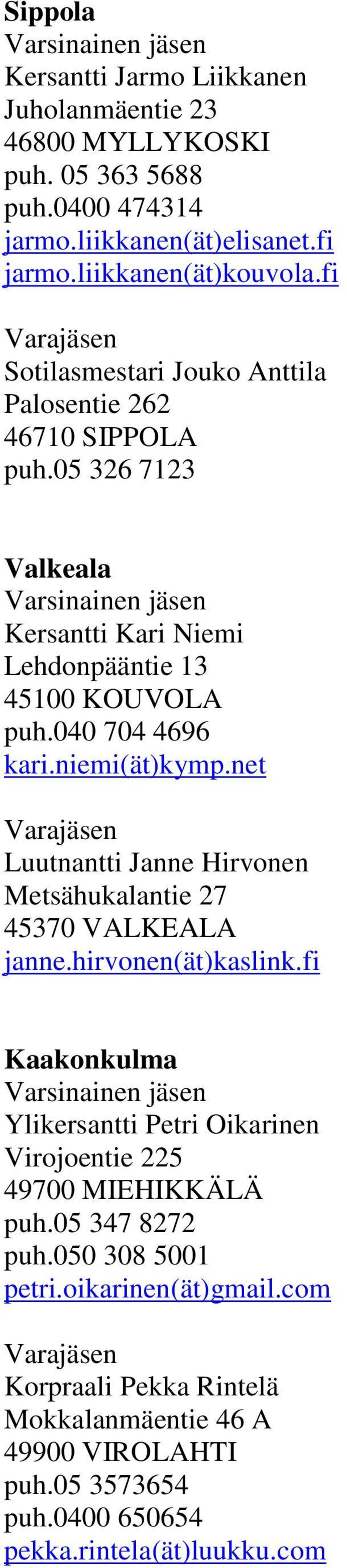 niemi(ät)kymp.net Luutnantti Janne Hirvonen Metsähukalantie 27 45370 VALKEALA janne.hirvonen(ät)kaslink.