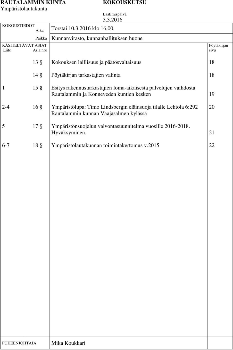 valinta 18 1 15 Esitys rakennustarkastajien loma-aikaisesta palvelujen vaihdosta Rautalammin ja Konneveden kuntien kesken 19 2-4 16 Ympäristölupa: Timo Lindsbergin