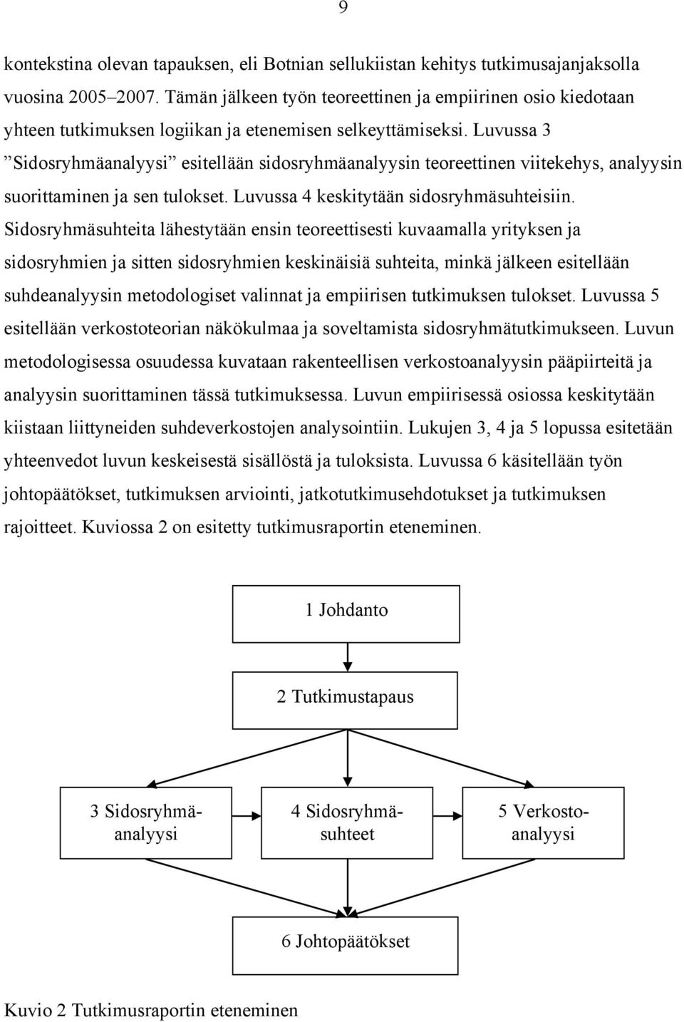 Luvussa 3 Sidosryhmäanalyysi esitellään sidosryhmäanalyysin teoreettinen viitekehys, analyysin suorittaminen ja sen tulokset. Luvussa 4 keskitytään sidosryhmäsuhteisiin.