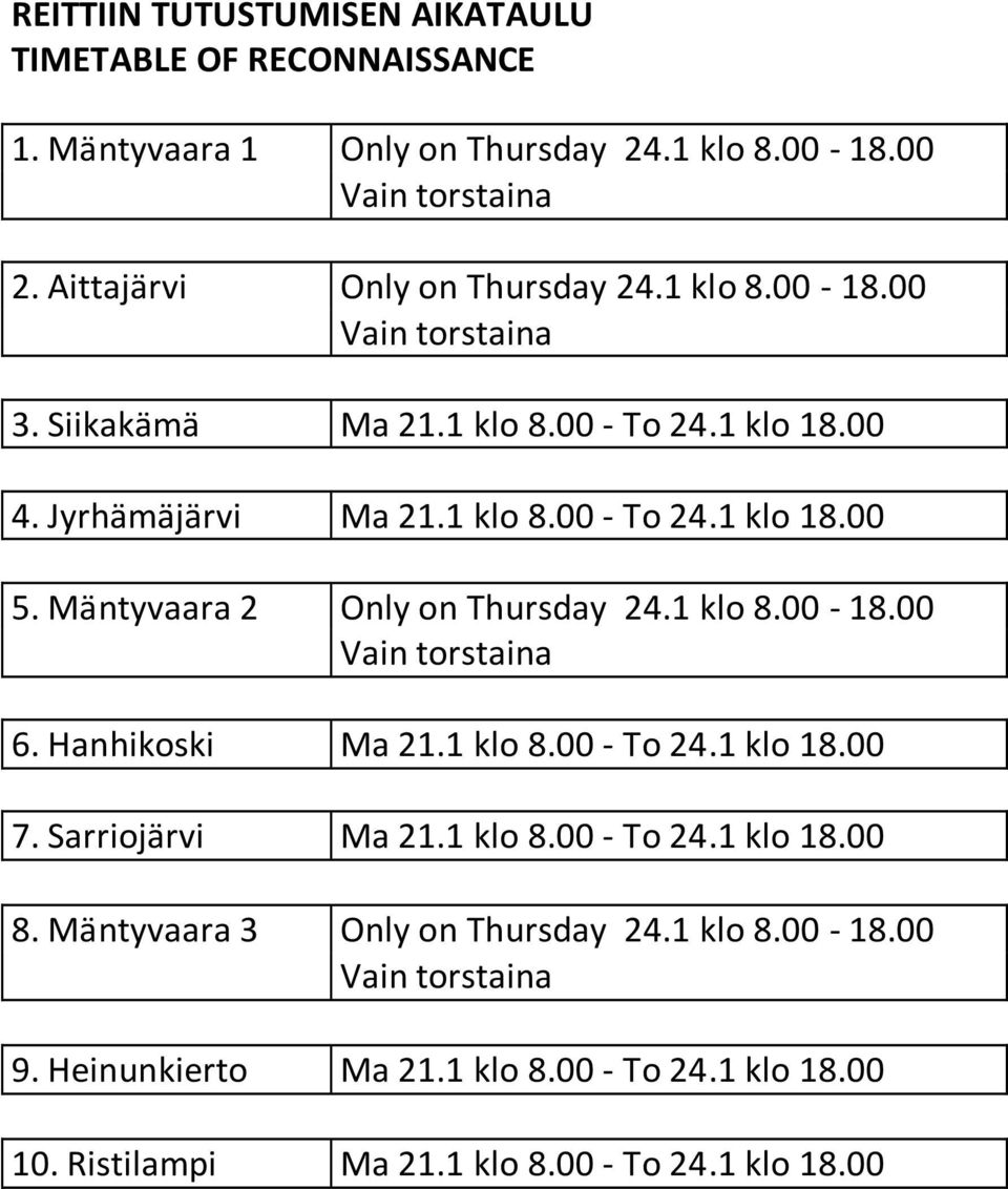 Mäntyvaara 2 Only on Thursday 24.1 klo 8.00-18.00 Vain torstaina 6. Hanhikoski Ma 21.1 klo 8.00 - To 24.1 klo 18.00 7. Sarriojärvi Ma 21.1 klo 8.00 - To 24.1 klo 18.00 8.