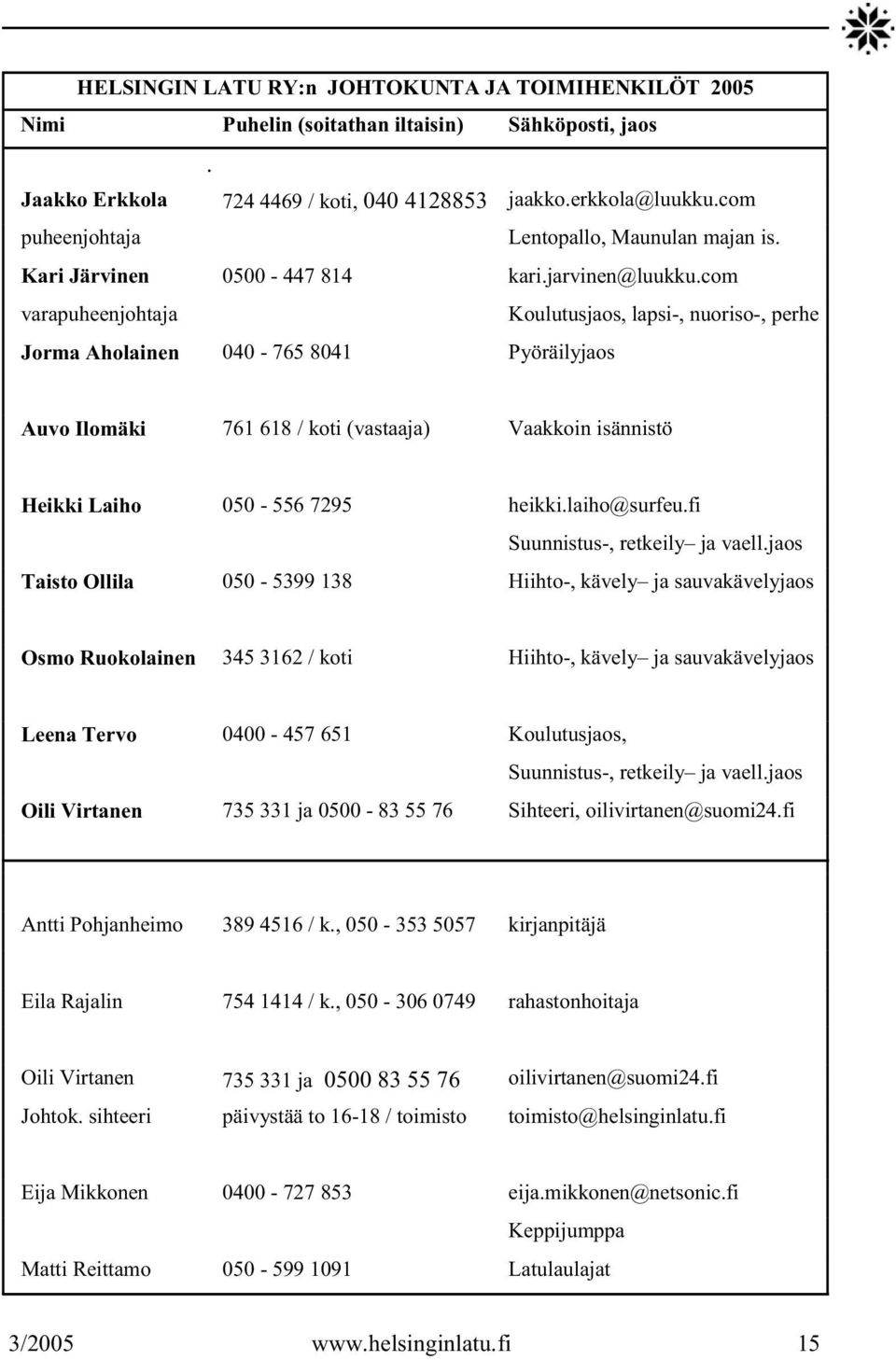 com varapuheenjohtaja Koulutusjaos, lapsi-, nuoriso-, perhe Jorma Aholainen 040-765 8041 Pyöräilyjaos Auvo Ilomäki 761 618 / koti (vastaaja) Vaakkoin isännistö Heikki Laiho 050-556 7295 heikki.