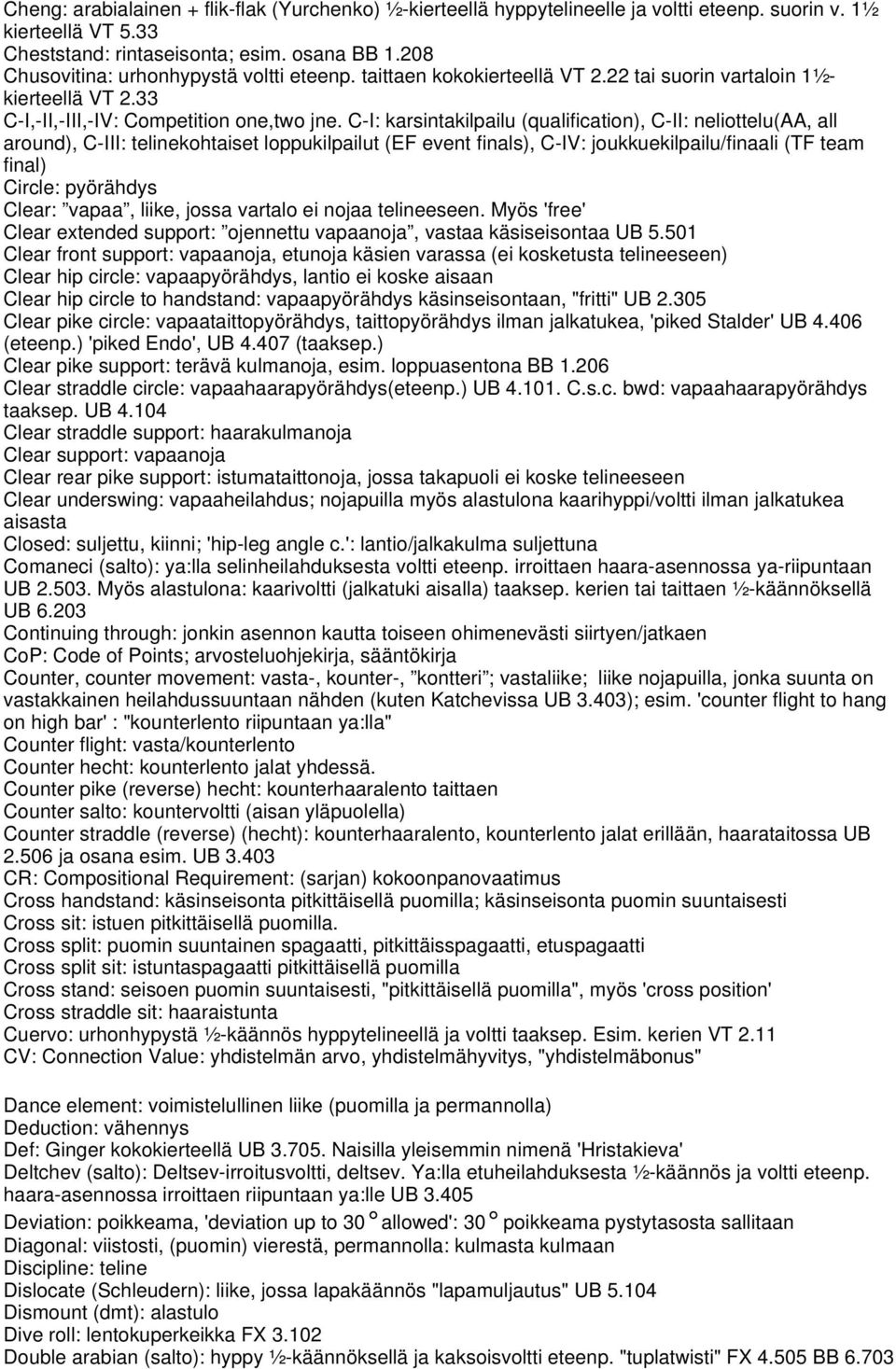 C-I: karsintakilpailu (qualification), C-II: neliottelu(aa, all around), C-III: telinekohtaiset loppukilpailut (EF event finals), C-IV: joukkuekilpailu/finaali (TF team final) Circle: pyörähdys