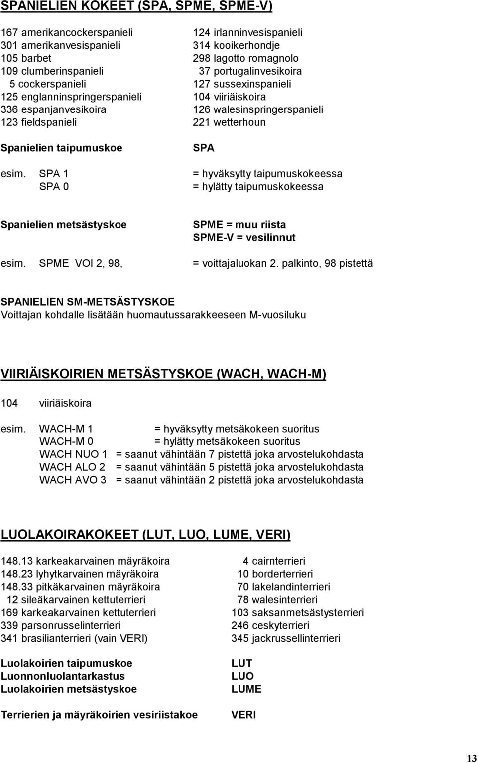 taipumuskoe SPA esim. SPA 1 = hyväksytty taipumuskokeessa SPA 0 = hylätty taipumuskokeessa Spanielien metsästyskoe SPME = muu riista SPME-V = vesilinnut esim. SPME VOI 2, 98, = voittajaluokan 2.