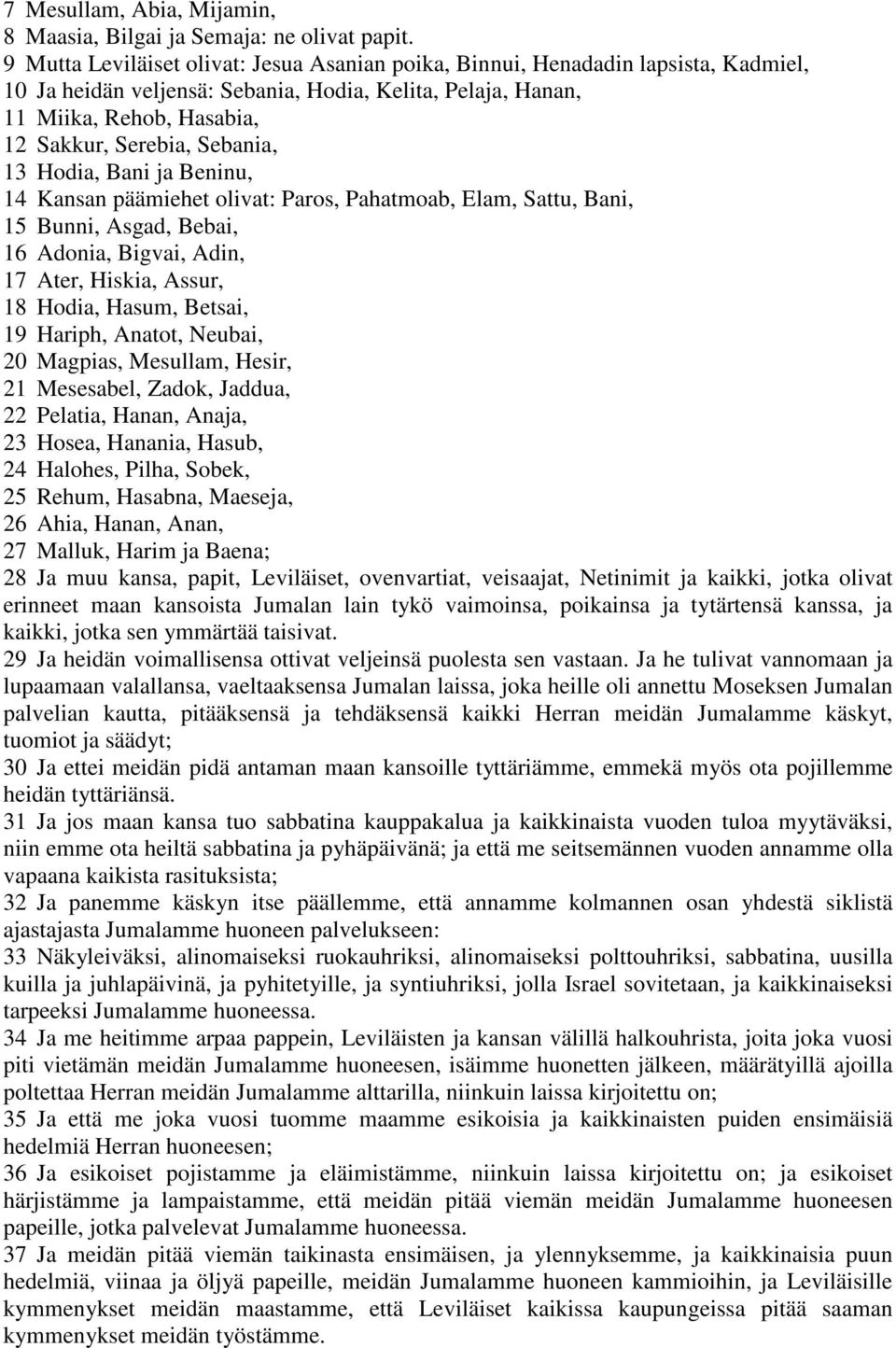 Sebania, 13 Hodia, Bani ja Beninu, 14 Kansan päämiehet olivat: Paros, Pahatmoab, Elam, Sattu, Bani, 15 Bunni, Asgad, Bebai, 16 Adonia, Bigvai, Adin, 17 Ater, Hiskia, Assur, 18 Hodia, Hasum, Betsai,