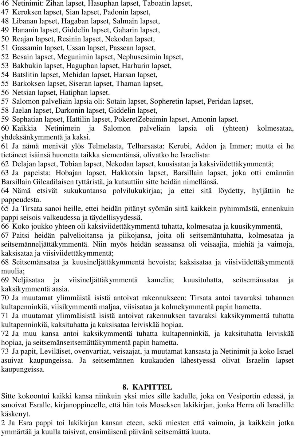 Haguphan lapset, Harhurin lapset, 54 Batslitin lapset, Mehidan lapset, Harsan lapset, 55 Barkoksen lapset, Siseran lapset, Thaman lapset, 56 Netsian lapset, Hatiphan lapset.