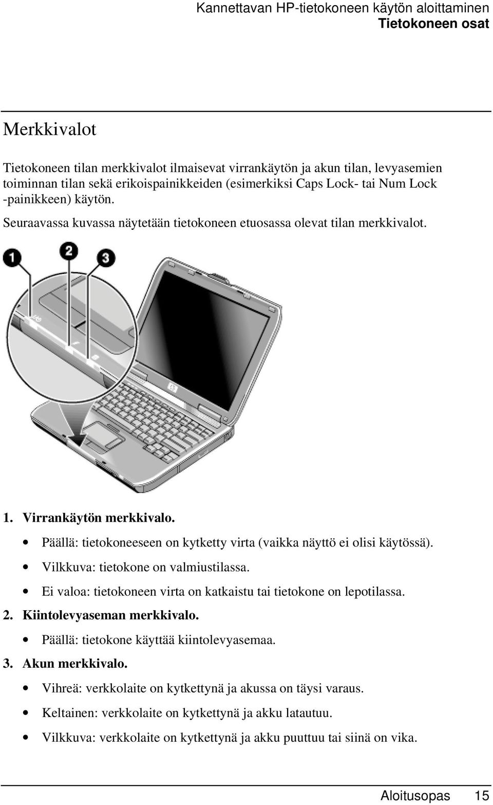 Päällä: tietokoneeseen on kytketty virta (vaikka näyttö ei olisi käytössä). Vilkkuva: tietokone on valmiustilassa. Ei valoa: tietokoneen virta on katkaistu tai tietokone on lepotilassa. 2.