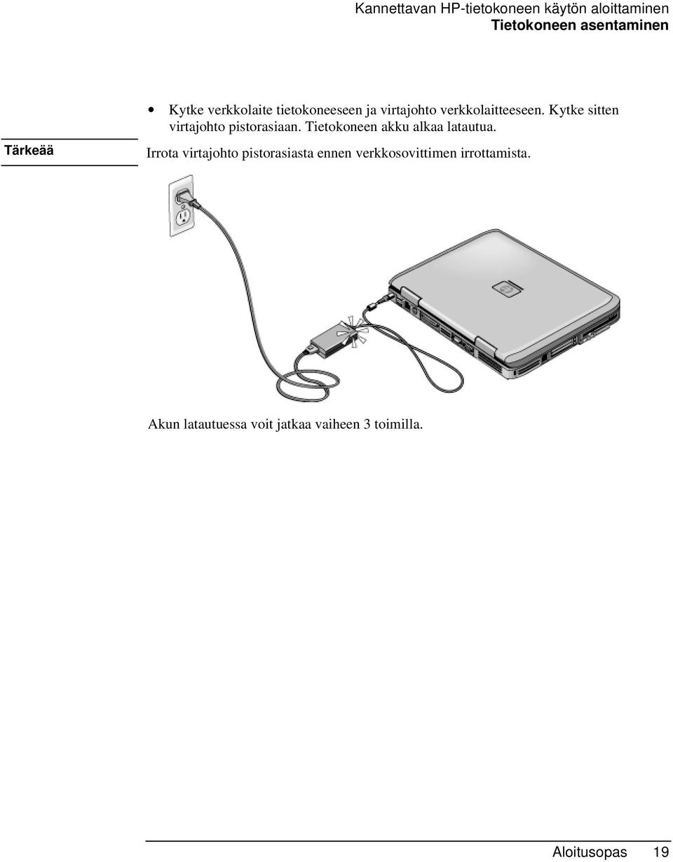 Kytke sitten virtajohto pistorasiaan. Tietokoneen akku alkaa latautua.