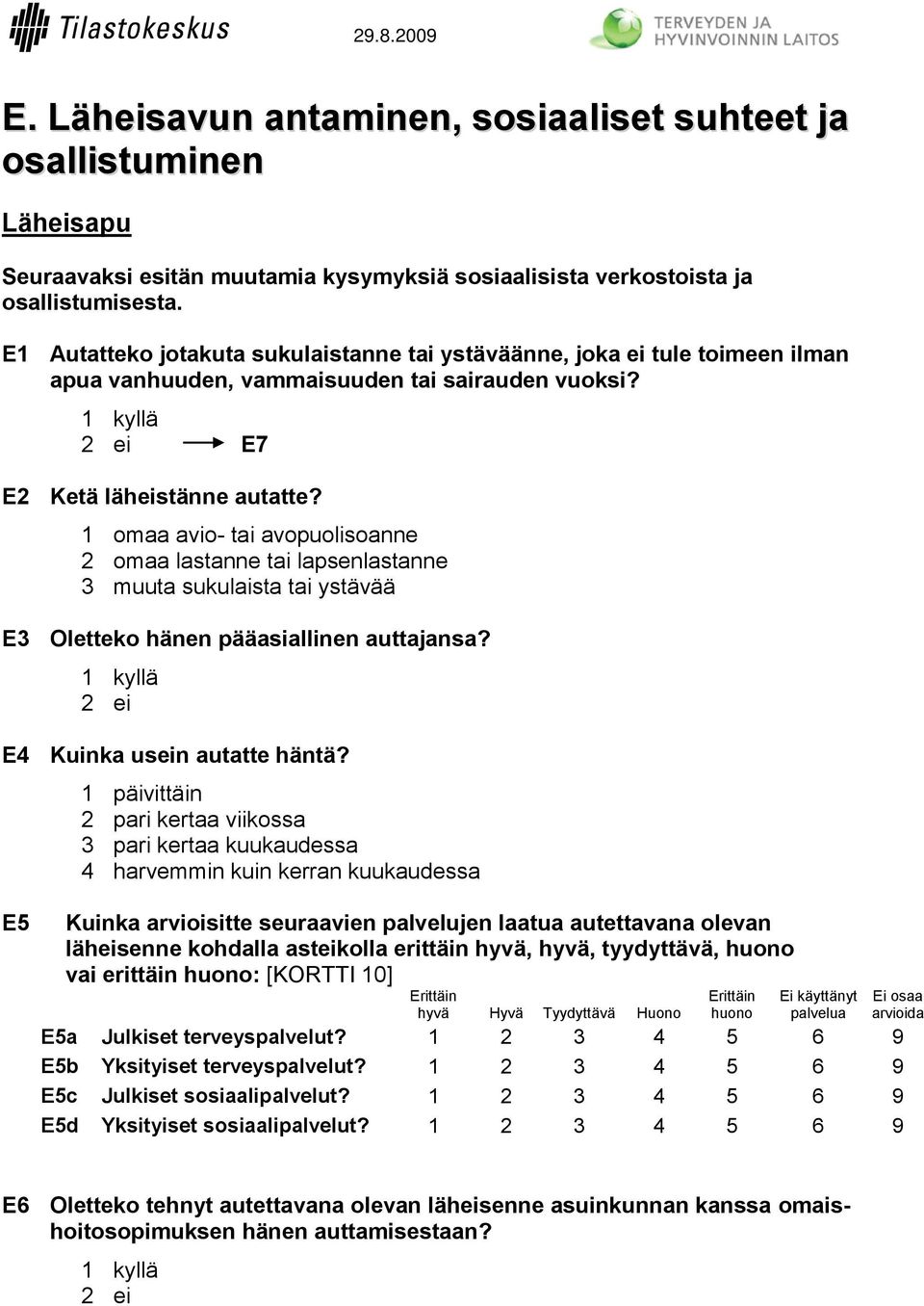 1 omaa avio- tai avopuolisoanne 2 omaa lastanne tai lapsenlastanne 3 muuta sukulaista tai ystävää E3 Oletteko hänen pääasiallinen auttajansa? E4 Kuinka usein autatte häntä?