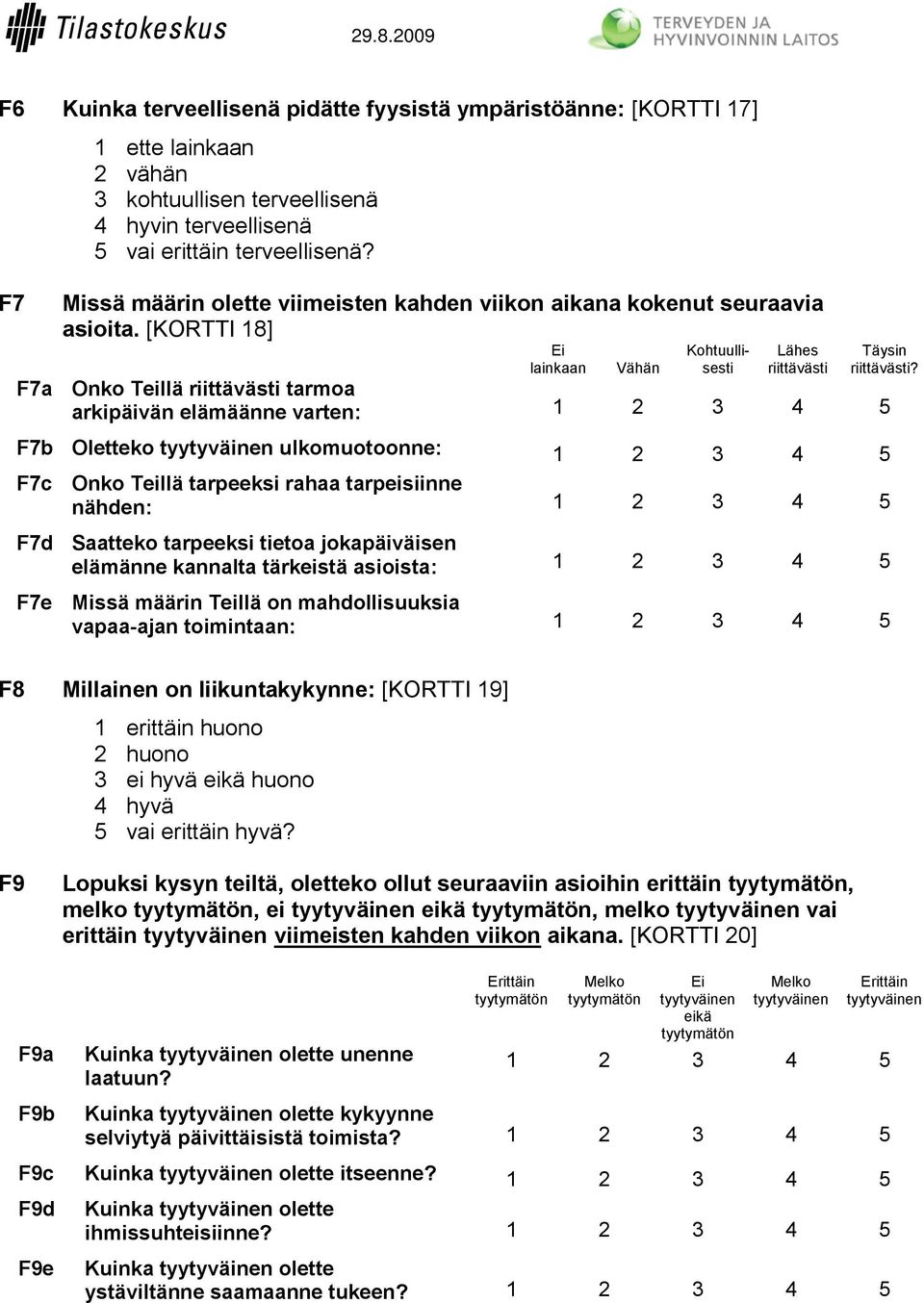 F7a Onko Teillä riittävästi tarmoa arkipäivän elämäänne varten: 1 2 3 4 5 F7b Oletteko tyytyväinen ulkomuotoonne: 1 2 3 4 5 F7c Onko Teillä tarpeeksi rahaa tarpeisiinne nähden: 1 2 3 4 5 F7d Saatteko