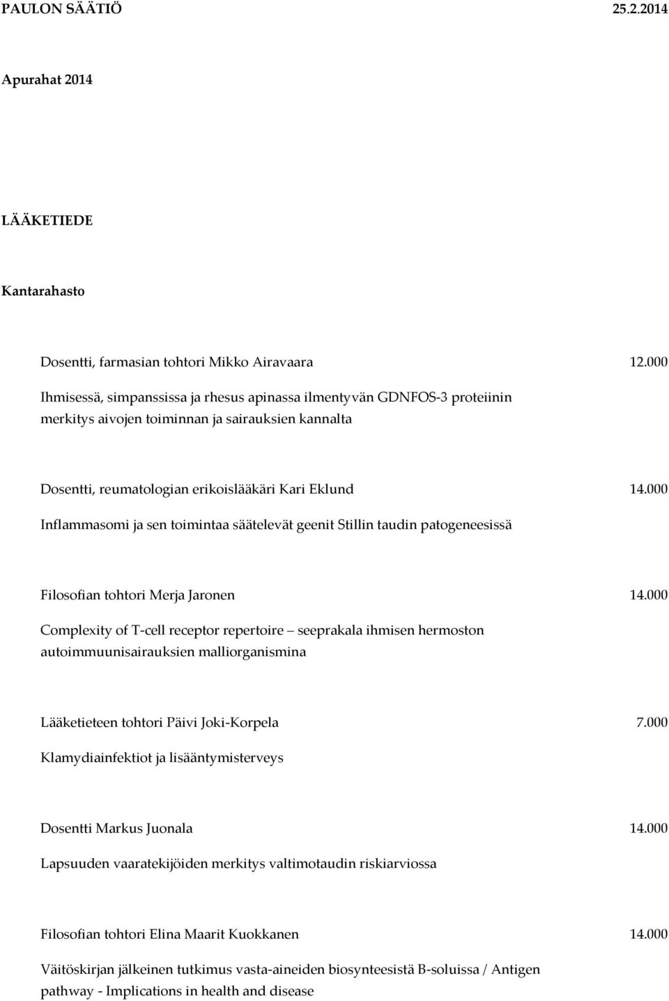 000 Inflammasomi ja sen toimintaa säätelevät geenit Stillin taudin patogeneesissä Filosofian tohtori Merja Jaronen 14.