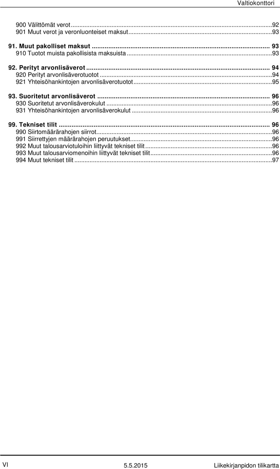 .. 96 930 Suoritetut arvonlisäverokulut...96 931 Yhteisöhankintojen arvonlisäverokulut...96 99. Tekniset tilit... 96 990 Siirtomäärärahojen siirrot.