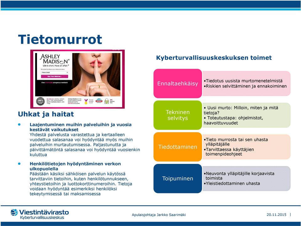 Paljastunutta ja päivittämätöntä salasanaa voi hyödyntää vuosienkin kuluttua Henkilötietojen hyödyntäminen verkon ulkopuolella Päästään käsiksi sähköisen palvelun käytössä tarvittaviin tietoihin,