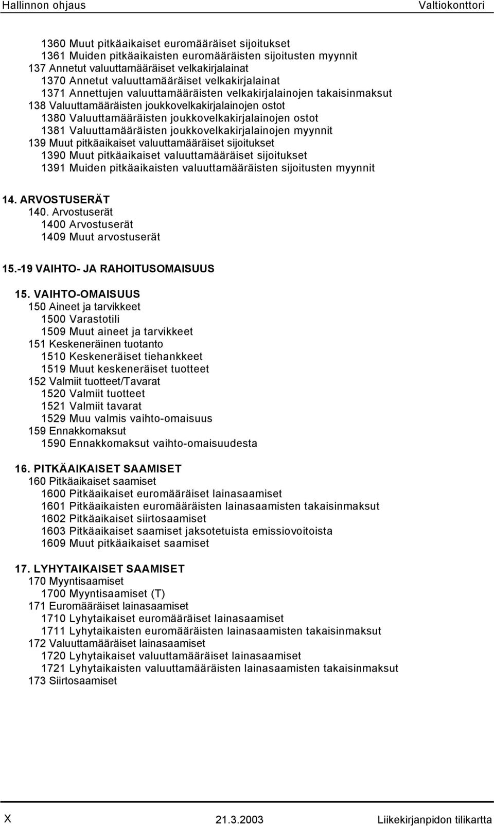 joukkovelkakirjalainojen ostot 1381 Valuuttamääräisten joukkovelkakirjalainojen myynnit 139 Muut pitkäaikaiset valuuttamääräiset sijoitukset 1390 Muut pitkäaikaiset valuuttamääräiset sijoitukset 1391