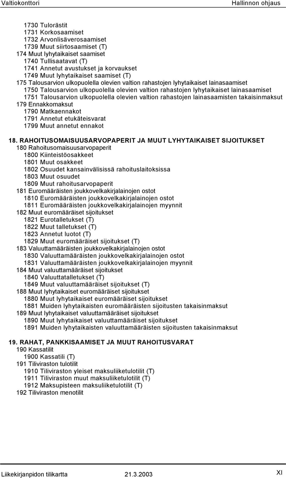 1751 Talousarvion ulkopuolella olevien valtion rahastojen lainasaamisten takaisinmaksut 179 Ennakkomaksut 1790 Matkaennakot 1791 Annetut etukäteisvarat 1799 Muut annetut ennakot 18.