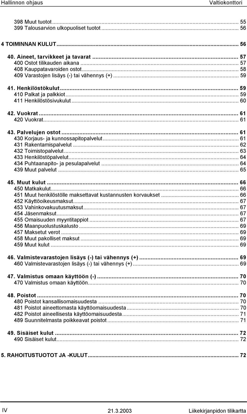 .. 61 420 Vuokrat... 61 43. Palvelujen ostot... 61 430 Korjaus- ja kunnossapitopalvelut... 61 431 Rakentamispalvelut... 62 432 Toimistopalvelut... 63 433 Henkilöstöpalvelut.