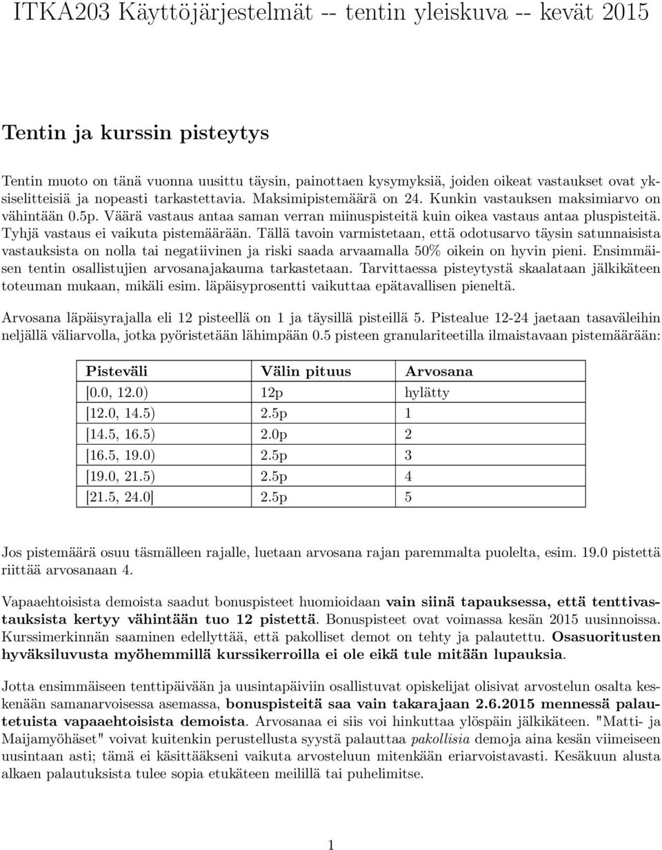 Väärä vastaus antaa saman verran miinuspisteitä kuin oikea vastaus antaa pluspisteitä. Tyhjä vastaus ei vaikuta pistemäärään.