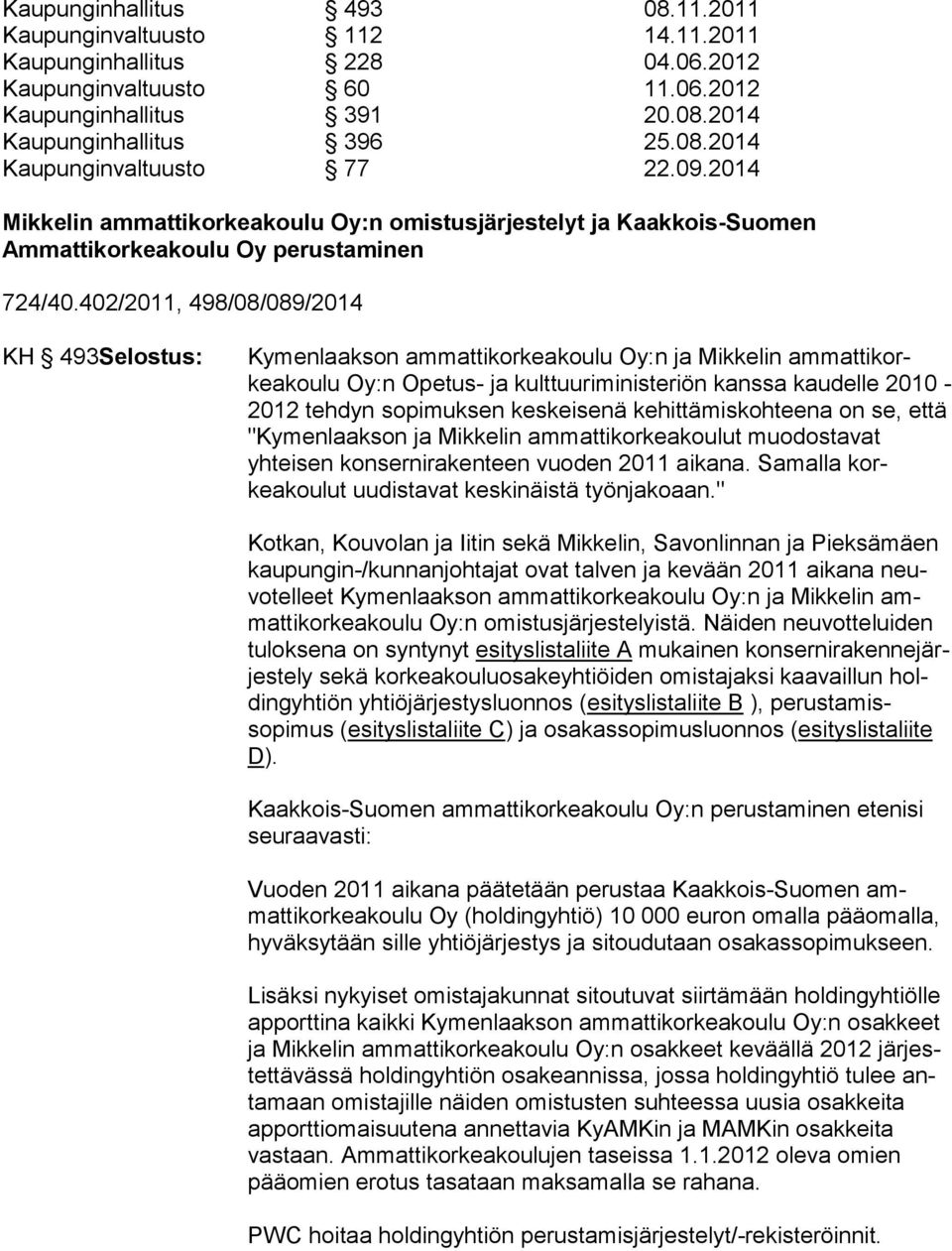 402/2011, 498/08/089/2014 KH 493Selostus: Kymenlaakson ammattikorkeakoulu Oy:n ja Mikkelin am mat ti korkeakoulu Oy:n Opetus- ja kulttuuriministeriön kanssa kau delle 2010-2012 tehdyn sopimuksen