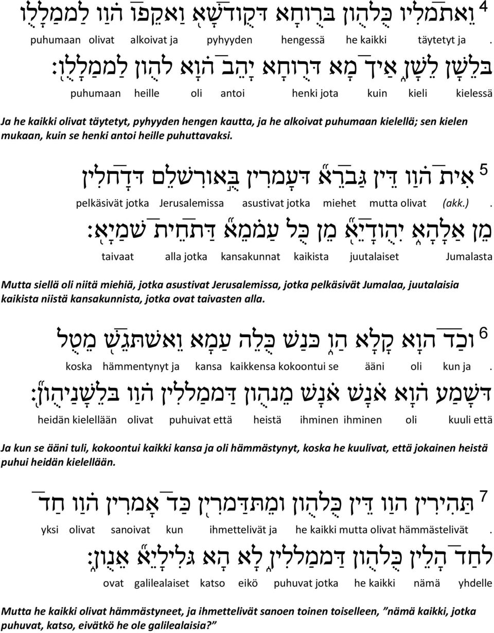 sen kielen mukaan, kuin se henki antoi heille puhuttavaksi. 5 אית ה ו ו ד ין ג ב ר א דעמרין ב אורשל ם דד חלין pelkäsivät jotka Jerusalemissa asustivat jotka miehet mutta olivat (akk.).