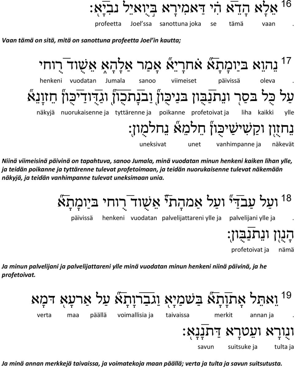 ע ל כ ל בס ר ונ ת נ ב ון בנ י כ ון ו ב נת כ ון וג ד וד י כ ון ח זונ א näkyjä nuorukaisenne ja tyttärenne ja poikanne profetoivat ja liha kaikki ylle נ חז ו ן וק שיש י כ ון ח למ א נ חלמ ון 17