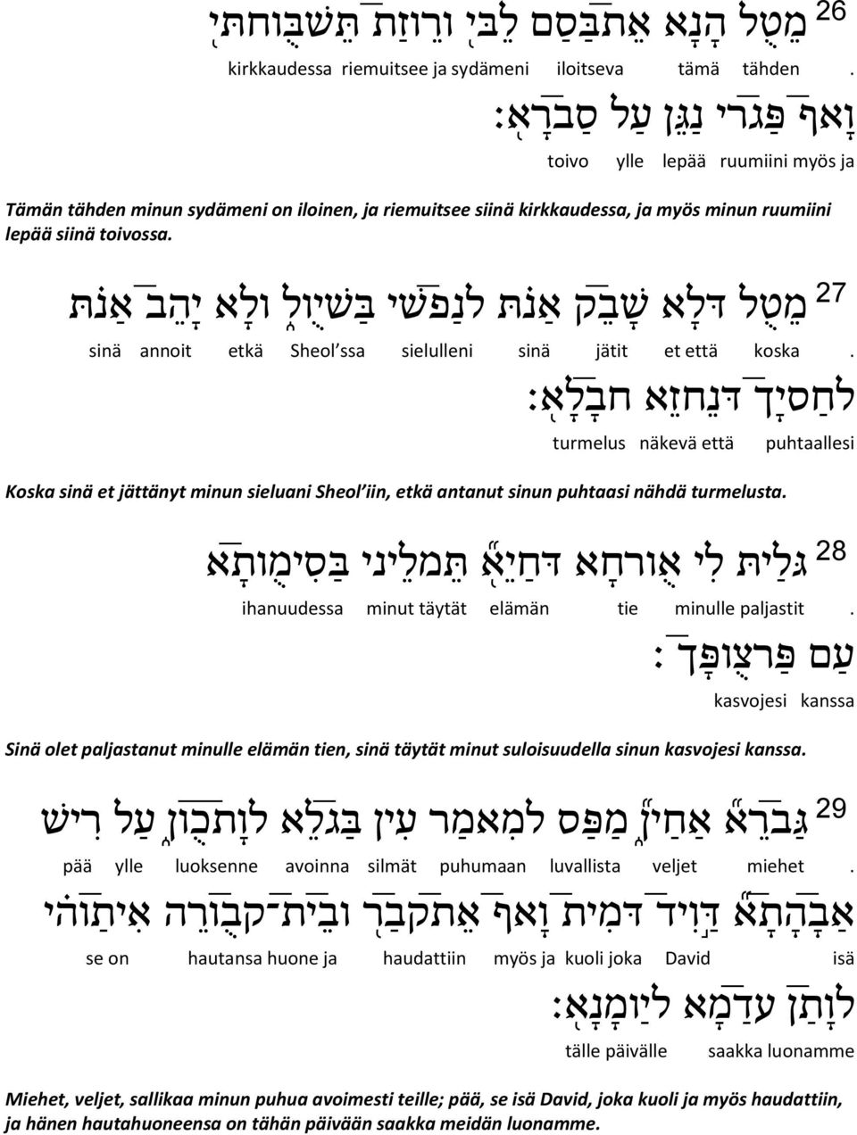 27 מ ט ל דלא שב ק א נ ת לנ פ שי ב שי ול ולא יה ב א נ ת sinä annoit etkä Sheol ssa sielulleni sinä jätit et että koska.