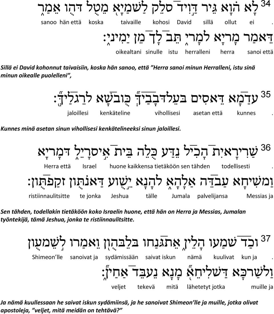 puolelleni, 35 עד מא ד אסים בע ל דב ב יך כ וב שא לר ג ל יך jaloillesi kenkäteline vihollisesi asetan että kunnes. Kunnes minä asetan sinun vihollisesi kenkätelineeksi sinun jaloillesi.