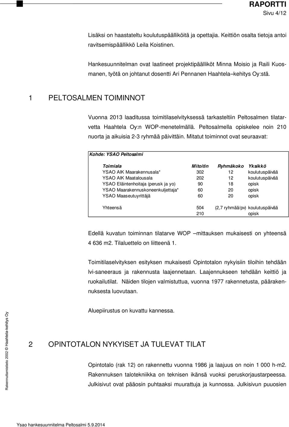 1 PELTOSALMEN TOIMINNOT Vuonna 2013 laaditussa toimitilaselvityksessä tarkasteltiin Peltosalmen tilatarvetta Haahtela Oy:n WOP-menetelmällä.