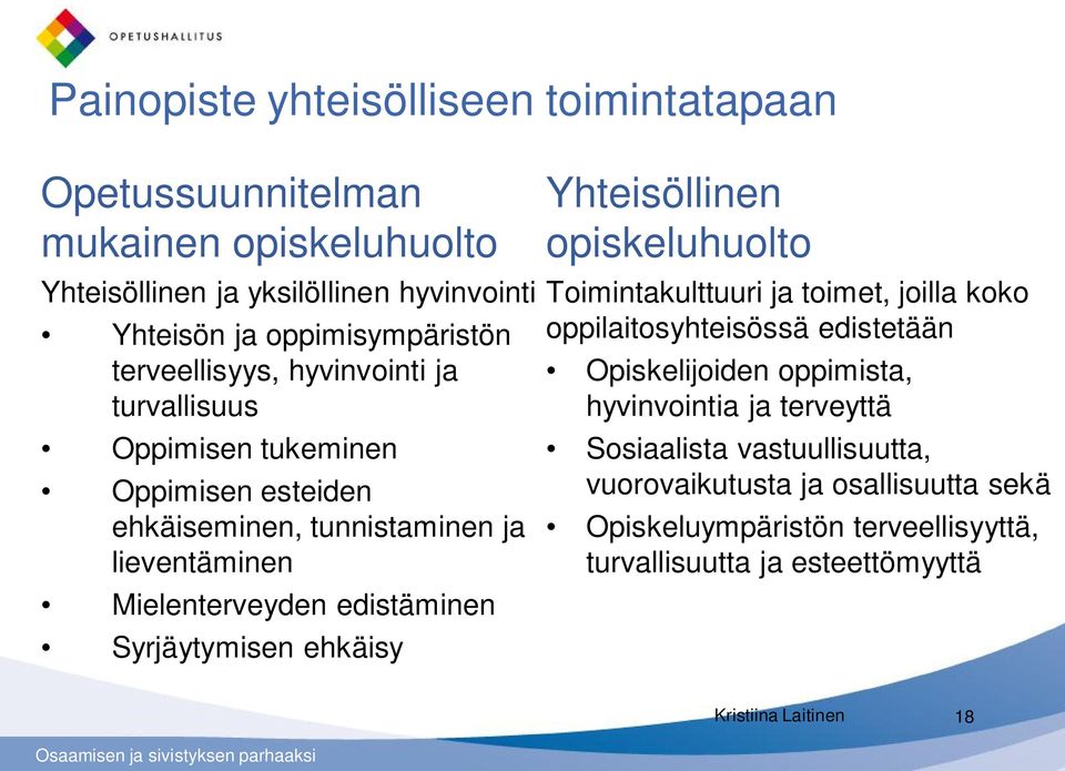 Syrjäytymisen ehkäisy Yhteisöllinen opiskeluhuolto Toimintakulttuuri ja toimet, joilla koko oppilaitosyhteisössä edistetään Opiskelijoiden oppimista,