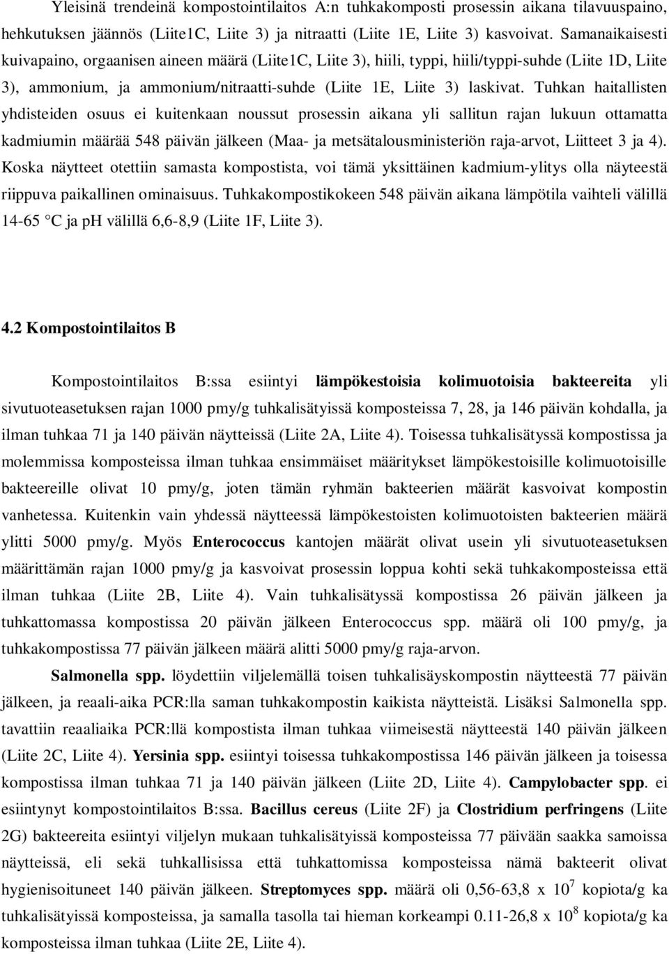 Tuhkan haitallisten yhdisteiden osuus ei kuitenkaan noussut prosessin aikana yli sallitun rajan lukuun ottamatta kadmiumin määrää 548 päivän jälkeen (Maa- ja metsätalousministeriön raja-arvot,