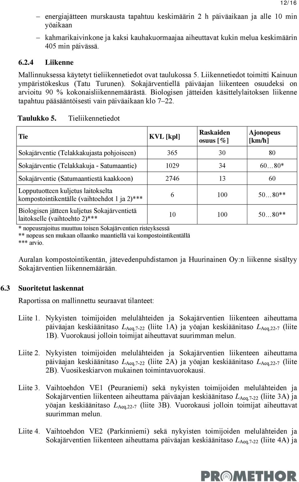 Biologisen jätteiden käsittelylaitoksen liikenne tapahtuu pääsääntöisesti vain päiväaikaan klo 7 22. Taulukko 5.