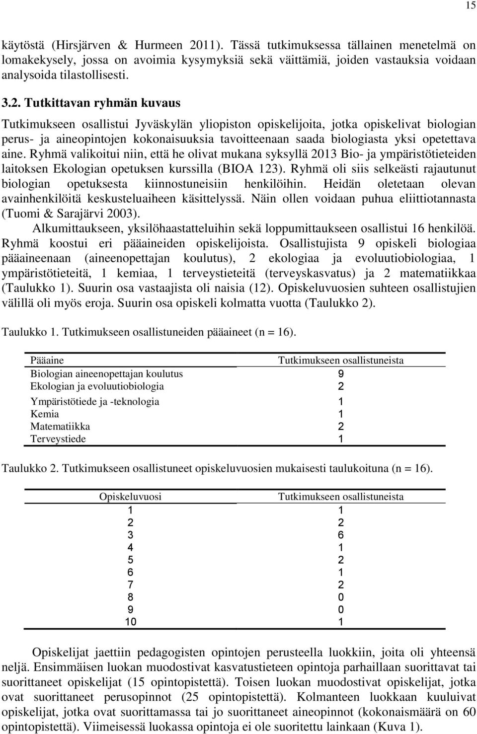 Tutkittavan ryhmän kuvaus Tutkimukseen osallistui Jyväskylän yliopiston opiskelijoita, jotka opiskelivat biologian perus- ja aineopintojen kokonaisuuksia tavoitteenaan saada biologiasta yksi