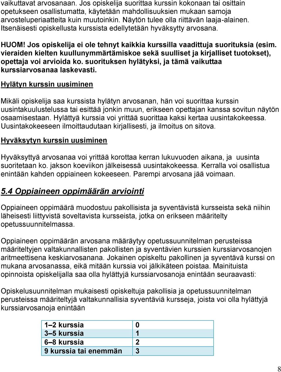 vieraiden kielten kuullunymmärtämiskoe sekä suulliset ja kirjalliset tuotokset), opettaja voi arvioida ko. suorituksen hylätyksi, ja tämä vaikuttaa kurssiarvosanaa laskevasti.