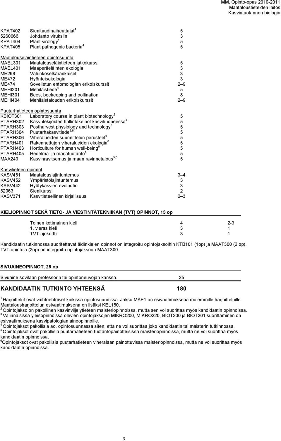 beekeeping and pollination 8 MEHI404 Mehiläistalouden erikoiskurssit 2 9 Puutarhatieteen opintosuunta KBIOT301 Laboratory course in plant biotechnology 5 5 PTARH302 Kasvutekijöiden hallintakeinot